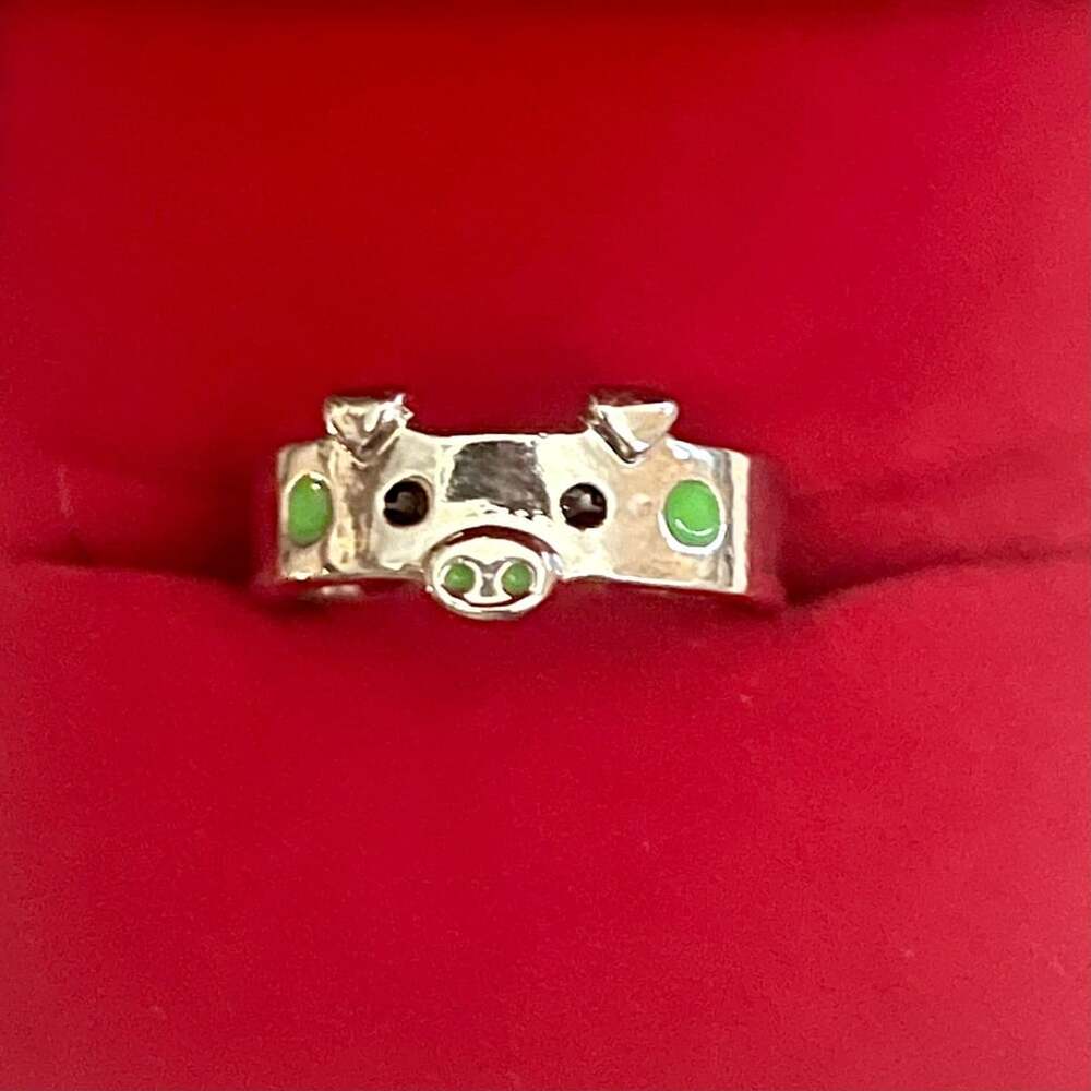 Silver Pig Ring With Green Enamel Accents Size 6